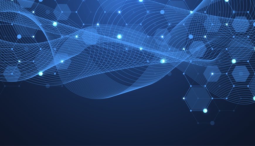 Modern Scientific Abstract Background With Hexagon Shapes, Lines And Dots. Innovation Concept Design With Hexagons And Wave Flow. Molecular Structure Idea. Geometric Pattern, Illustration